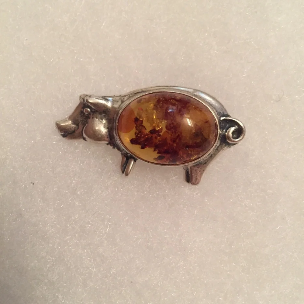 BROOCH PIN VINTAGE STERLING SILVER 925 AMBER PIG - Picture 1 of 5
